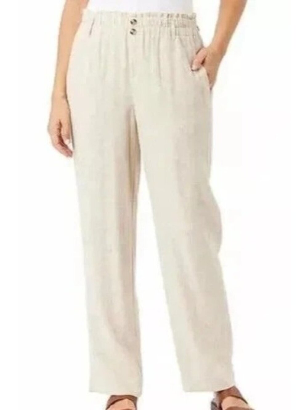 NWT Briggs Women's L Beige Elastic Waist Linen Blend Pants
